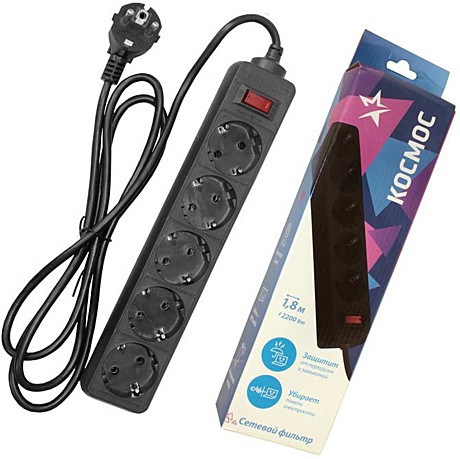 Сетевой фильтр 5 гнезд 1,8м ПВС 3х0,75 10А черный Космос