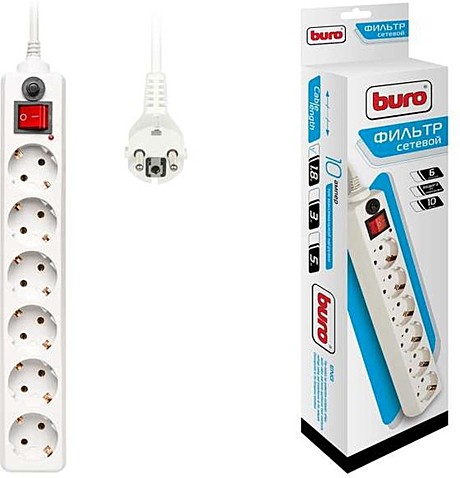 Сетевой фильтр 6 гнезд 5м ПВС 3х0,75 10А белый Buro